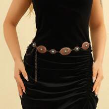 银色调绿松石雕刻优雅几何花卉图案银腰链装饰配饰，适合夏季、秋季、万圣节等场合。