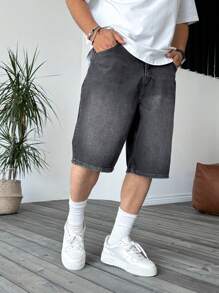 男士休闲水洗牛仔短裤，夏季抽绳松紧腰宽松百慕大短裤 - 黑色 - 查看 2