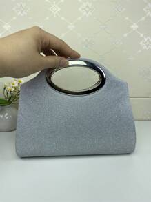 女士优雅纯色褶皱托特晚宴包，轻质涤纶磁扣，精致金属环手柄，闪亮斜挎链条肩带