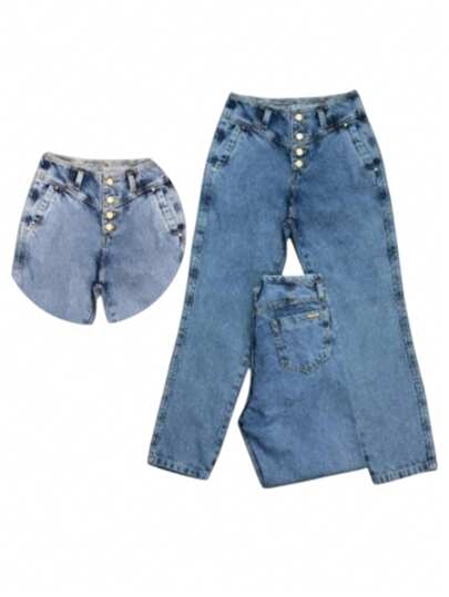 Calça Mom Jeans Feminina Infantil Juvenil Bolsos Denim Estilosa Premium Luxo
