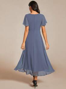 Vestido de dama de honor de gasa con bajo a media pierna, corte evasé y volantes, contraste de color, azul pizarra, para invitados de boda - Neblina azul - Ver 3