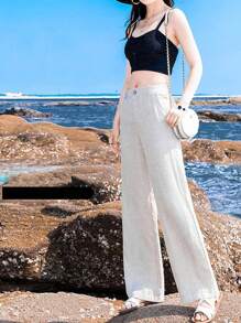 Womens  Spring Summer High Waisted Wide Leg Pants Casual Button Up Straight Leg Pants - 灰色 - 查看 2