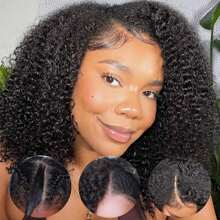 180% Density Afro Kinky Curly V-Part Lace Front Wig, Brazilian Virgin Hair, Glueless Wig, Women's Upgraded U-Part Wig, Fluffy Curly Wig, No Lace, Natural Color - Natural Black - View 6