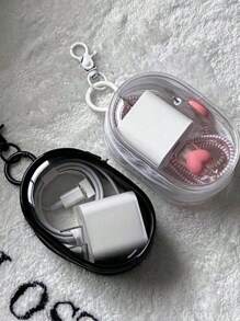 Bolsa de armazenamento de cabo de dados transparente portátil - Estojo de cabo de viagem transparente com chaveiro removível, armazenamento multiuso para carregadores, maquiagem e joias, bolsa compacta para itens essenciais para estudantes universitários e deslocamento diário