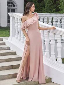 UNITHORSE 不对称袖荷叶边奢华 3D 花卉装饰收腰 A 字型超长宴会礼服、派对礼服、婚礼宾客礼服、正式礼服、晚礼服、长袍 - 粉色 - 查看 6