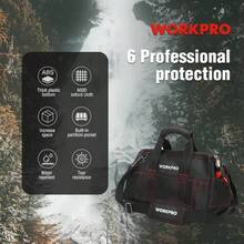 WORKPRO 16-Inch Wide Mouth Tool Storage Bag With Waterproof Rubber Base, Durable Polyester, Multiple Compartments, Shoulder Strap & Zippered Pockets For Easy Organization, Professional Tool Organizer | Logo Visible Bag | Sturdy Zipper Closure, Tool Bag