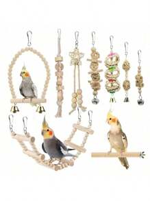 9pcs Bird Toys, Swing, Ladder, Climbing Training Set For Small & Medium Sized Love Birds, Tiger Stripe Peony Parrots, Chew & Grind Teeth