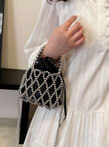 French Ladylike Handmade Woven Beaded Satchel Handbag, Pearl Decor Shoulder Crossbody Bag, Unique Small Hollow Rhombic Mesh Bucket Bag Design For Summer