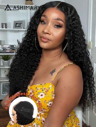 Ashimary Jerry Curly 4*4 Glueless Lace Closure Wig Transparent Lace Bleached Knots Pre-Plucked Natural Hair Line Middle Part Pre-Cut Glueless Wig For Women
