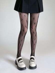 1 pieza Medias de rejilla con diseño de rayo para mujeres, pantis de malla jacquard fina, de cuadrícula hueca y transpirable, estilo ajustado sexy y oscuro, adecuado para primavera y otoño