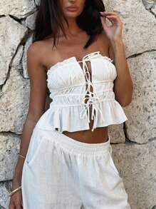 Women Tube Top, Strapless Backless Vest Tie-Up Solid Summer Ladies Clubwear For Party - White - View 1