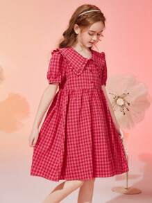 ASK JUNIOR Vestido casual de verano con mangas abullonadas a cuadros para niñas preadolescentes