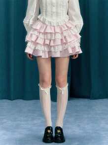 Women Plaid Mini Skirts High Waist Lace Patchwork A-Line Skirts Layered Ruffle Skirts - 粉色 - 查看 1