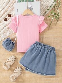 2 件女童荷叶边下摆字母印花上衣 + 不对称牛仔裙套装（含包）