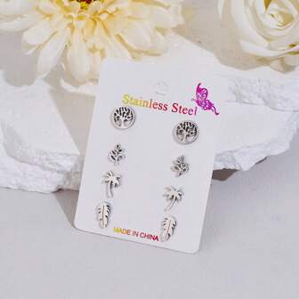 4 Pairs /Lot Bohemian Tree Of Life, Coconut Tree, Feather Earrings Stainless Steel Earrings Jewelry Birthday Gift For Women