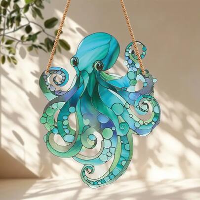 1pc Vibrant Blue Octopus Acrylic Suncatcher - Stained Glass-Style Window Decor With Hanging Rope, Ideal For Sea Lovers, Enhances Home & Garden, Perfect For Thanksgiving & Christmas Gifts