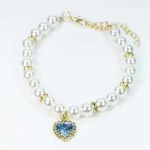 Heart Rhinestone Pendant Cultured Pearl Necklace, Decorative Accessory For Small-Medium Pets