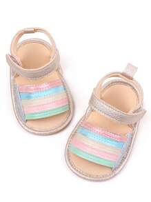 1 Pair Of Baby Sandals, Pu Leather Material, Lovely Rainbow Stripe Pattern Design, Suitable For Indoor And Outdoor Slip-Resistant Learning To Walk, Soft Flat Shoes For Infants.