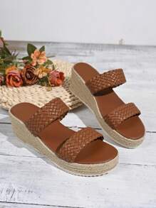 Women's Platform Slip-On Sandals With Straw Sole, Wide Width
