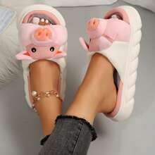 Women's Cozy Pig Slippers - Plush Animal Design With Linen Slides - Pink - View 3