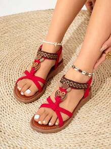Women's Summer New Fashionable Lightweight Comfortable Handmade Woven Bohemian Style Outdoor Wearing Plus Size Wedge Sandals - Red - View 7