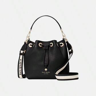 Kate Spade Emma 小号水桶包 黑桃花斜挎包 女士黑色皮革单肩包 女士手提包 抽绳开合休闲手拿包 带可拆卸可调节肩带