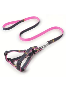 Denim Dog Harness And Leash Set - Adjustable, Comfort Fit For Small To Large Breeds - Durable Polyester Material, Pulling Rope, Teddy