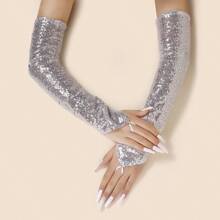 1 par de guantes sin dedos largos con lentejuelas reflectantes para mujer para actuaciones en el escenario