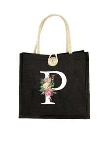 Letter Pattern Handbag Floral Print Linen Handbag Button Decorated Handbag Minimalist Large Capacity Handbag Portable Casual Storage Handbag - Black - View 12