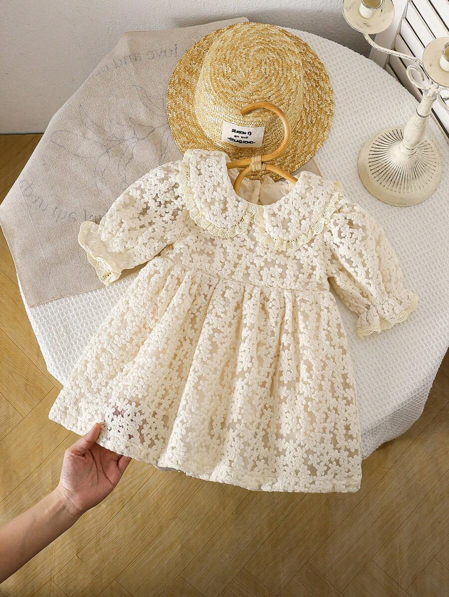 1pc Girls Embroidered Mesh Ruffle Collar Dress, Elegant Formal Short Sleeve Frock For Toddler & Little Girls, Suitable For Party, Birthday, Wedding - Apricot - View 1
