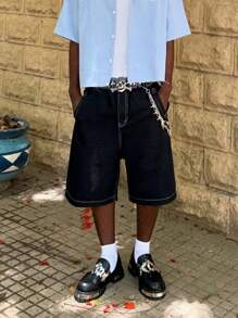 Short en jean ample à jambe droite et longueur mollet avec poches pour hommes