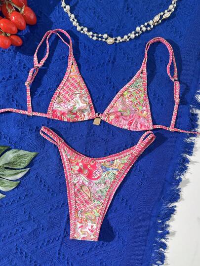 Damen Bedruckter gebundener Neckholder Bikini Badeanzug Set, Sommer