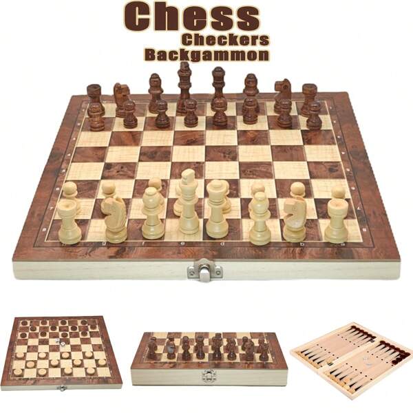 1 set 3-in-1 scacchi, dama e backgammon, scacchiera in legno con pezzi degli scacchi in plastica per adulti, set da dama leggero, set da backgammon strategici per adulti, scacchiera da viaggio con contenitore per i pezzi