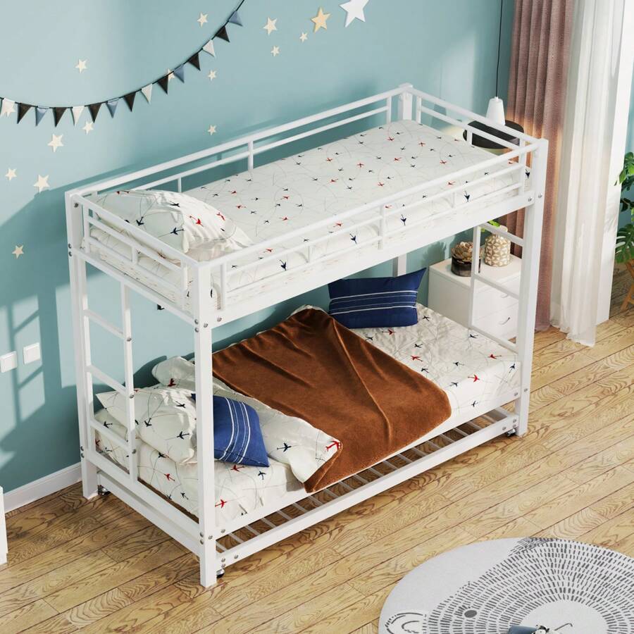 Bunk Bed, Iron Bed 90*200cm With Additional Trundle Bed, Space-Saving Metal Loft Bed, Modern Children's Bed For Rooms And Children's Rooms
