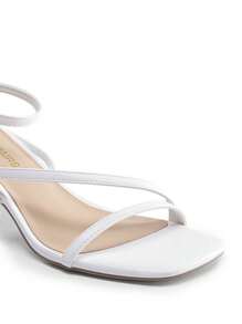 Women Minimalist Low Kitten Heeled Sandals Open Square Toe Ankle Strap Sexy Dress Shoes For Autumn Wedding Party Prom Wearing - White - View 3