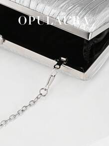 OpulAura 复古奢华手拿包，金色皮革褶皱设计时尚晚宴包，优雅正式派对钱包配链条，适合派对、婚礼和正式场合 - 銀色 - 查看 7