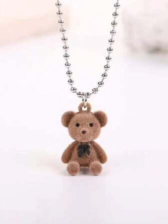 1pc Cute Milk Printed Flocked Bear Pendant Necklace, Clavicle Chain Sweater Jewelry