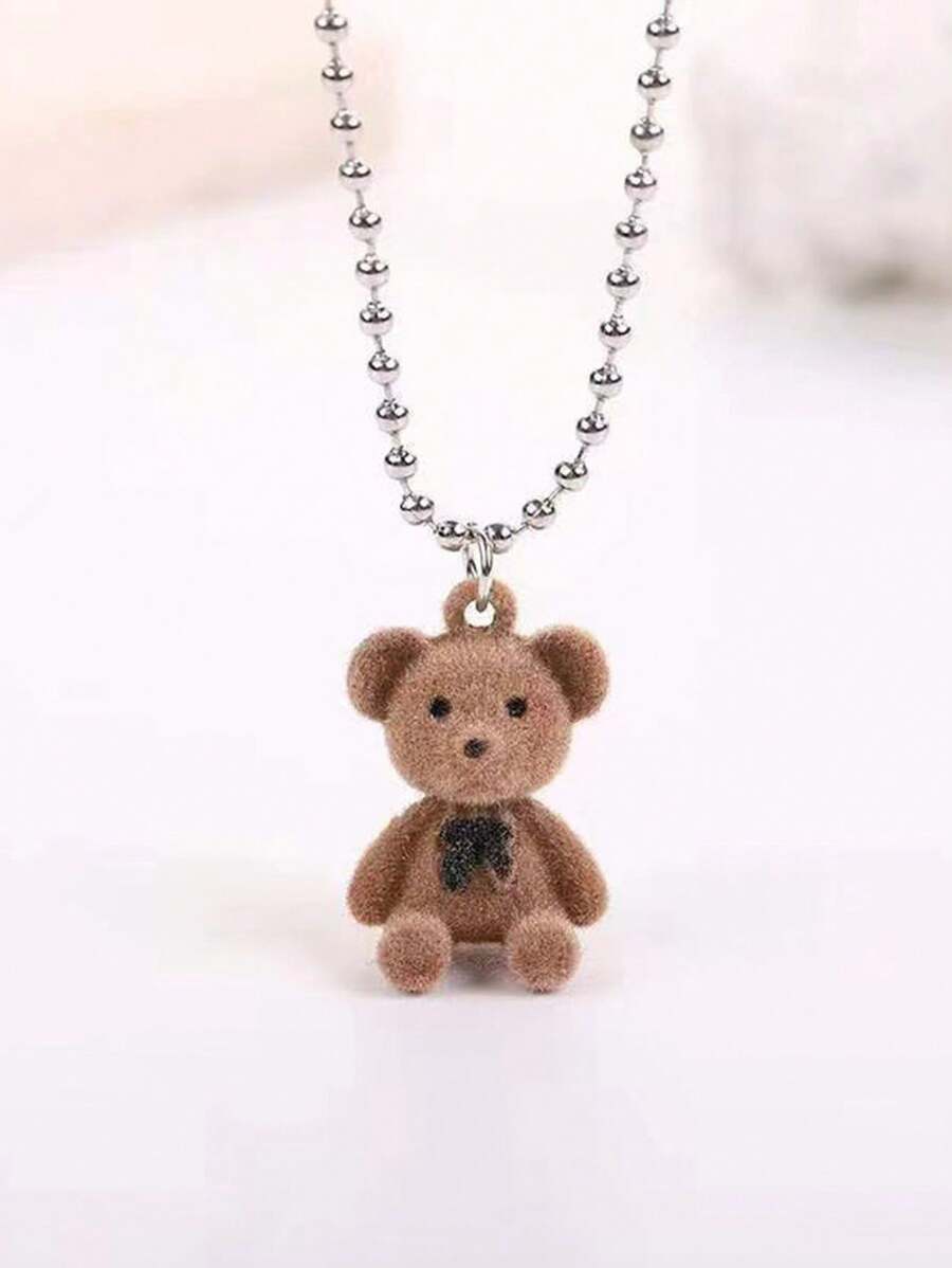 1pc Cute Milk Printed Flocked Bear Pendant Necklace, Clavicle Chain Sweater Jewelry - Multicolor - View 1