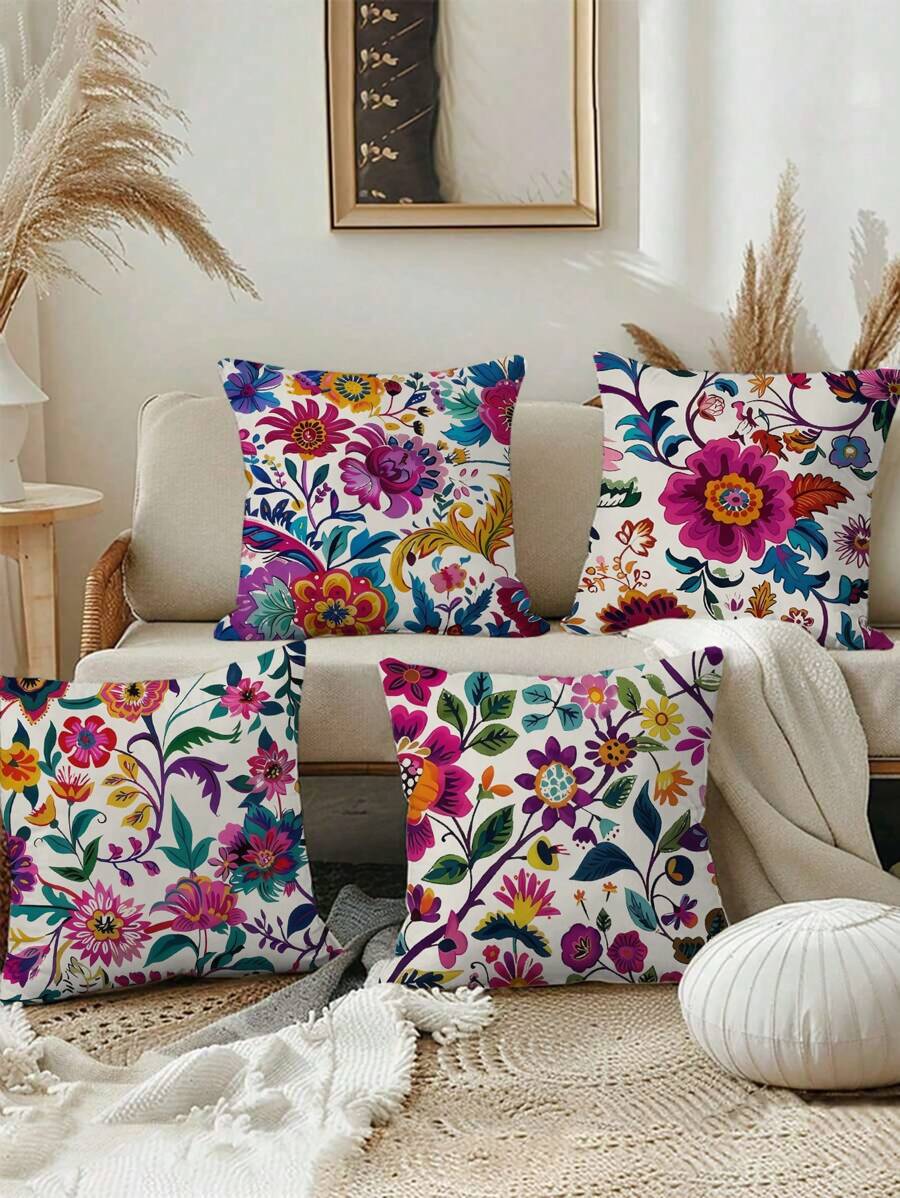 4pcs/Set Mexican Flower Pattern Throw Pillow Covers, Vintage Texture Cushion Covers 17.7*17.7inch, Geometric Design, Machine Washable With Zipper, Polyester, For Living Room Decor (Inserts Not Included)