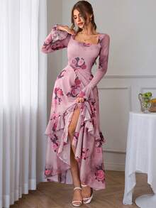Vestido largo de manga larga con volantes y estampado de rosas en dos capas, elegante y sexy, estilo Y2K romántico, para vacaciones y primavera, color rosa - Rosa - Ver 4
