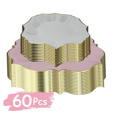 Juego de 60 artículos para fiesta de color rosa: platos desechables de papel rosa y blanco para el Día de la Madre/Boda/Primer cumpleaños/Fiesta de ducha - Incluye 30 platos de postre/ensalada blancos y 30 platos de almuerzo rosas con borde ondulado (7 pulgadas + 9 pulgadas)