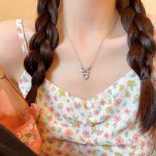 05 Necklace Korean Fashion Pink Crystal Heart Bow Tie Pendant Necklace Silver Color Chain Neck Necklace For Women Wedding Aesthetic Jewelry - 銀色 - 查看 3