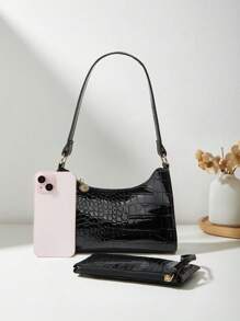 Women's Minimalist Elegant Vintage Crocodile Pattern Handbag, Business Casual Versatile Crescent Shoulder Bag, Tote Bag, Mother And Baby Phone Pouch, Scream Lady Bag, College Style Leather Wallet, Personalized Gift, Beauty And Business Lady Coin Purse, Clutch - Black - View 4