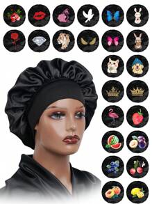 1PC Women's Print Satin Hair Bonnet Wide Brim Hat Sleep Night Caps For Wig And Hair Protection - Black - View 2