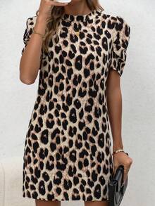 New Women's Leopard Print Round Neck Puff Sleeve Casual Short Sleeve Dress, Spring/Summer