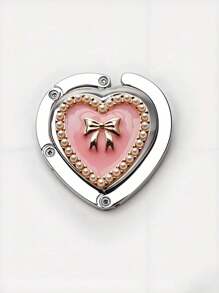 心形水钻和珍珠金属折叠式桌面挂钩、女士钱包架 - 銀色 - 查看 10