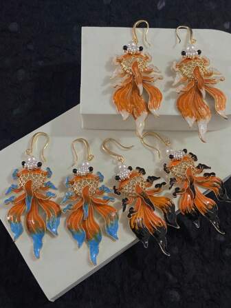 2pcs Elegant Alloy Enamel Koi Fish Design Oversized Hoop Earrings, Vintage Handpainted Pearl Jewelry For Women