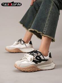 Women's Color Block Lace Up Sports Shoes, Fashionable Lightweight Casual Comfortable Slip-On Flat Shoes, Outdoor Comfortable Running Sneakers - Beige - View 5