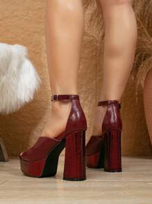 酒红色粗跟凉鞋，时尚晚宴修身高跟鞋，适合圣诞节、新年、万圣节、感恩节等场合，女士厚底高跟鞋 - 酒紅色 - 查看 6