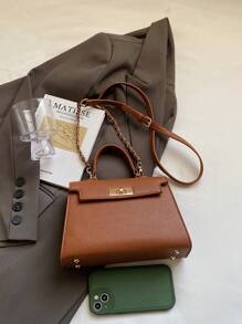 Women's PU Leather Geometric Lock Chain Small Square Shoulder Bag, Commuting Fashion Minimalist Street Elegant Purse - Brown - View 3